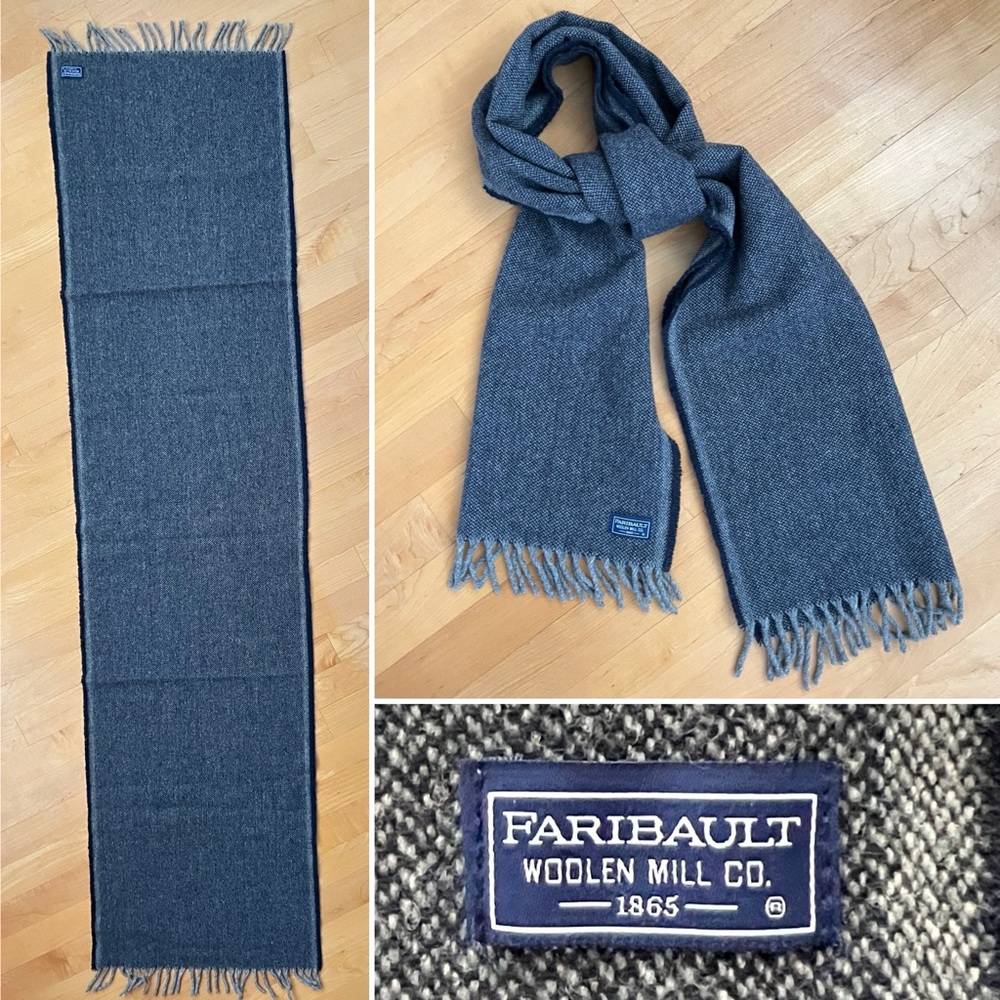 🐑Twill Pattern Navy+Gray Fringed Virgin Wool Scarf | Fairibault Woolen Mill Co.